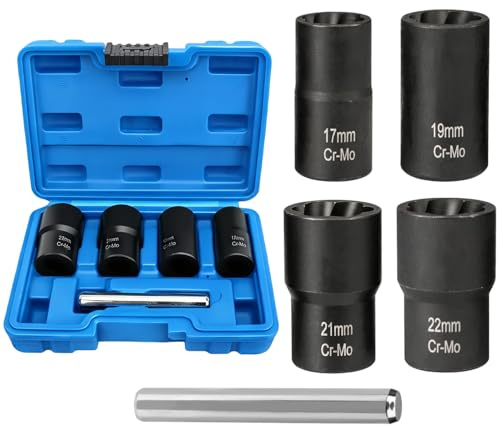 AropaeenGlowry 1/2 Drive Impact Bolt & Wheel Lock Nut Remover Set, 5-Piece Extractor Socket Kit for 17mm 19mm 21mm 22mm Lug Nuts with Punch Rod
