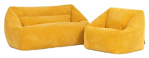 Icon Cecilia Kinder Sofa mit Sitzsack, Gelb, Flauschiger Cord Stoff, Sitzsack Cord mit Füllung, Bequemer Kinder Sessel, Kuschelsessel, Lese Sessel, Schlafzimmer, Kinderzimmer, Jugendzimmer