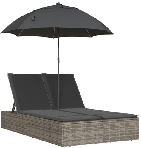 WGYHOME Dubbel solstol grå med kudde och justerbart parasoll – PE-rotting, 200 x 110 cm, justerbar i 4 fack, UV-beständig, för trädgård, terrass, balkong