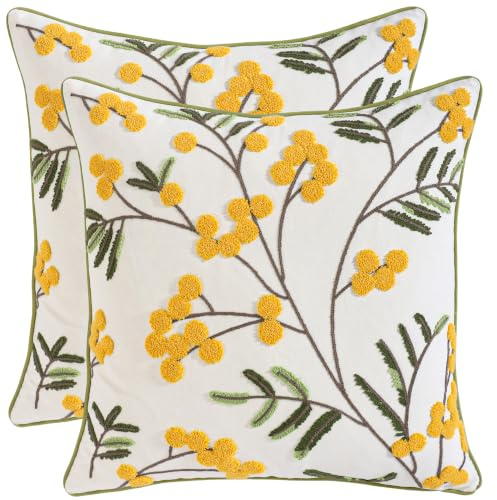 Tosleo 2 fundas de almohada de primavera de 50 x 50 cm, color amarillo, bordado de frutas de arena, cojín de sofá para jardín, salón, sofá, cojín decorativo para salón, dormitorio, coche, granja