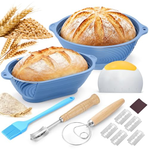 RUIZHI Panier à pain en silicone, panier de fermentation ovale de 29 cm et panier de fermentation rond de 23 cm, panier à pain pliable en silicone avec trou de suspension, spatule et pinceau à huile