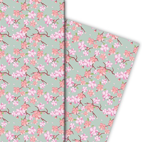 Kartenkaufrausch Frühlings Geschenkpapier Set mit japanischer Kirschblüte für liebe Geschenkverpackung, DIY Projekte, Basteln, 4 Bögen, 32 x 48cm Dekorpapier, Musterpapier zum Einpacken