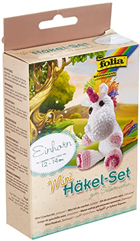 folia 23910 - Mini Häkelset Einhorn, Komplettset zur Erstellung von einem selbst gehäkelten niedlichen Einhorn, ca. 12 - 14 cm groß, für Kinder ab 8 Jahren und Erwachsene, als Geschenk