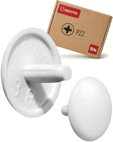 Gedotec Abdeckkappen für Schrauben rund - 50 Stück - Schraubenabdeckung Weiß RAL 9010 aus Kunststoff für Kopfloch-Bohrung PZ2 - Abdeckung Ø 12 x 2,5 mm - Abdeckkappen für Bohrlöcher & Holz-Möbel