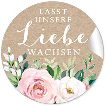 48 STICKER Hochzeit LASST UNSERE LIEBE WACHSEN • BOHO KRAFTPAPIER OPTIK BLÜTEN ROSEN GRÜN ZWEIGE ROSA WEIß BRAUN • Samentüten Blumentöpfe Reagenzglas Gastgeschenk Deko Selbstgemachtes • 4cm rund matt