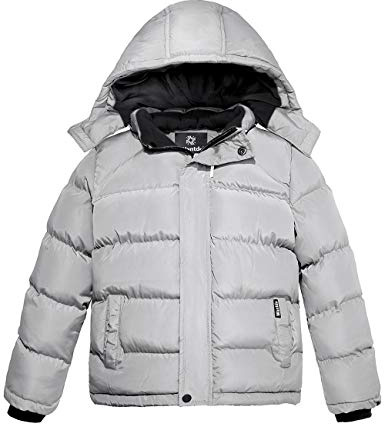 Wantdo Giubbotto Spesso Antivento Giaccone Idrorepellente Capispalla Pesante Imbottita Parka con Cappuccio Bambino Grigio 128-134