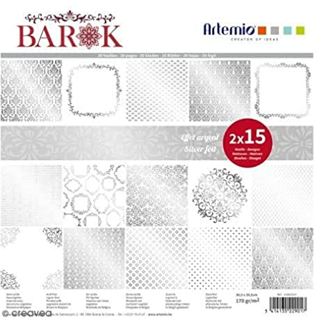 Artemio Block mit 30 Blättern, Scrapbooking, 30 x 30 cm, Barok-Folie, silberfarben