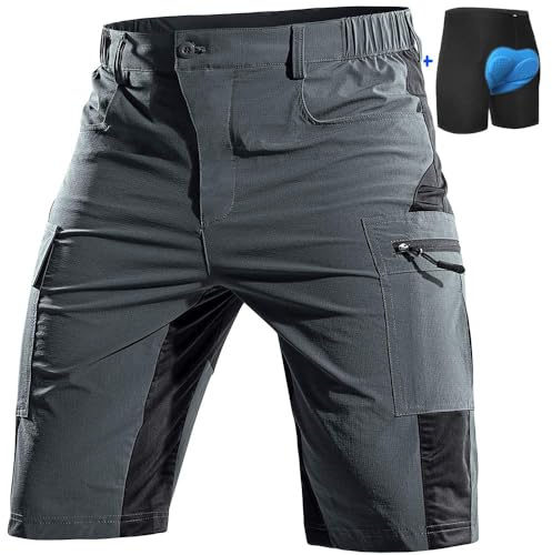 Cycorld Mountain-Bike-Shorts-Mens-Padded Biking Baggy Cycling Short Padding Liner with Zip Pockets (Grey, Large)