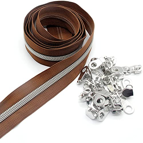 # 5 Fermetures à glissière en nylon argenté métallique par la cour en vrac Ruban marron de 9.1 mètres avec 25 curseurs en argent pour bricolage couture sac artisanal Leekayer (marron)