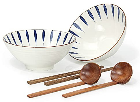 Ciotola Ramen Giapponesi, 1000 Ml Zuppa Ciotole Ceramica Scodelle Combinazione with Legno Bacchette Cucchiaio 2 Set, For Insalata Cereali Pasta Frutta Noodle Riso Snack Udon (A)