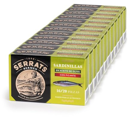 CONSERVAS SERRATS - Sardinillas Txikis en Aceite de Oliva Virgen Picante - 12 Latas x 115g (Total: 1380g) - Con Toque de Picante Equilibrado - Elaboración 100% Artesanal