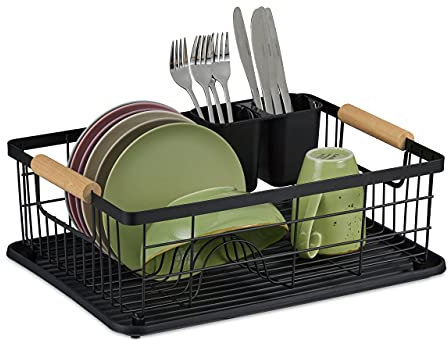 Relaxdays Abtropfgestell, Besteckkorb & Abtropfschale, Geschirrständer Küche, Abtropfgitter, Kunststoff, Metall, schwarz