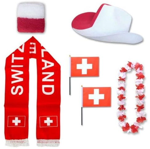 Sonia Originelli Fanset Fanartikel Fanhut Blumenkette Fanschal Schweißband Fähnchen WM EM Farbe: Schweiz