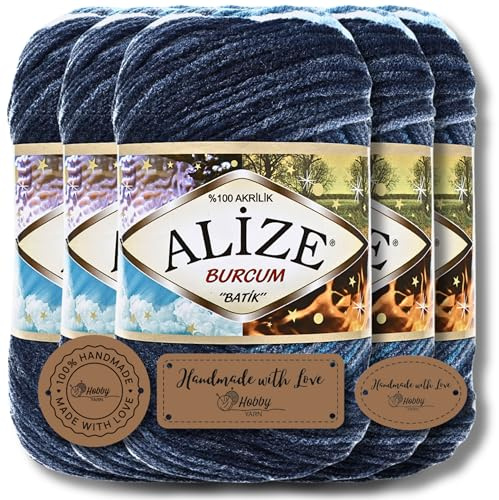 Hobby YARN 3x Etikettenlabel mit Alize Burcum Batik Wolle Premium 5x100g als Set, Yarn, Garn, Strickgarn, Farbverlauf, Babywolle zum Häkeln, Stricken, Kleidung, Schals (1899)