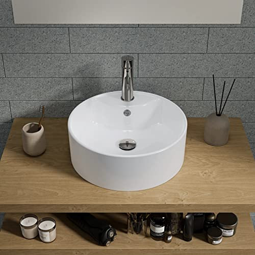 Lavabo da Appoggio Con Troppo Pieno 40x40x14 cm Tondo in Ceramica Bianco Lucido per Mensole da Bagno Sospese