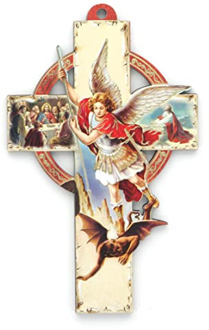Croix de l'Archange Saint Michel en bois avec illustration - Croix religieuse - Culte Chrétien en Bois