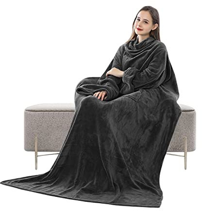 Ergocar Kuscheldecke mit Ärmeln Tragbare, Decke mit Tasche zum Anziehen Erwachsene für Winter, Warme Ärmeldecke,Flauschig Weich Sofadecke, Flanell TV Decke, 150x180 cm