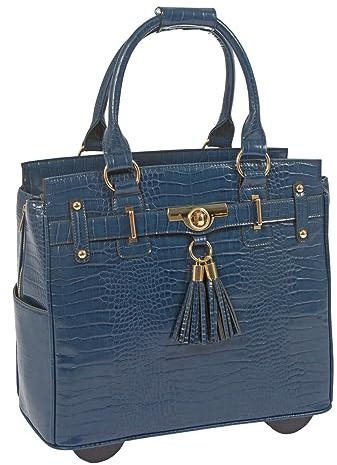 JKM & Company Laptoptasche mit Rollen für Damen, Designer-Aktentasche mit Rollen, passend für 13-17-Zoll-Laptops, Büro-/Reise-Computertasche, Blau, 15.5” H x 10” W/D x 16.5” L, Laptoptasche mit Rollen