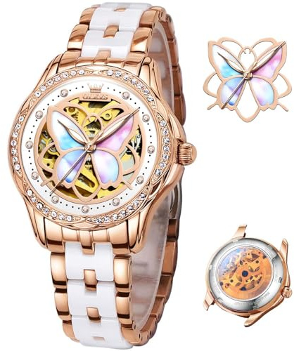 OLEVS Watch Women Automatic Elegant Butterfly Waterproof Ceramic Dress Rose Gold Watches for Women Self Winding Skeleton Wrist Ladies Watch Reloj para Mujer