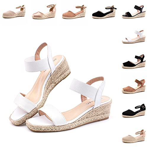 Hitmars Sandalias Mujer Alpargatas Cuña Zapatos Esparto Correa de Tobillo Cerradas Espadrilles Plataforma Boda 6 CM 3 Blanco Talla 39 EU