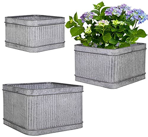 Dibor Set of 3 Galvanised Trough Dolly Tub Plant Pots Vintage Style Large Outdoor Garden Barrel Planters Christmas Gardening Gift (Square Planters)