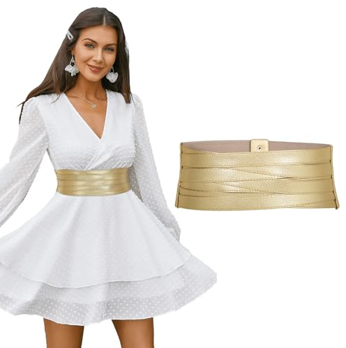 LEACOOLKEY Ceinture large en cuir pour femme pour robe, ceinture élastique et extensible épaisse pour femme, ceinture Obi Cinch épaisse, 2-Doré, Suit for 30-34