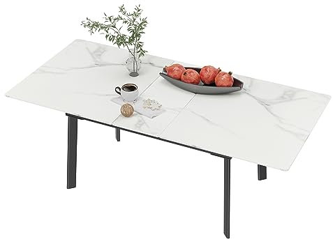 FATIVO Esszimmertisch Marmor Küchentisch ausziehbar 130-160 cm, Ausziehtisch Esszimmer Esstisch für 6-8 Personen einfach Weiß Hochglanz mit Schwarze Metallgestell 160x80CM für Esszimmer Küchen