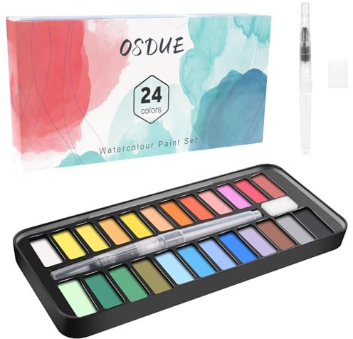 OSDUE Aquarellfarben Set, 24 Farben Gouache Farben Set, Aquarell Farbkasten, Aquarell Malkasten mit Wassertankpinsel, Pinsel, Schwamm, Perfektes Reise-Wasserfarben Set für Anfänger/Künstler/Studenten