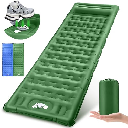 Isomatte Selbstaufblasend, Verbessertes Komfortableres Luftmatratze,13cm Verdickte Tragbare Aufblasbare Matratze mit Eingebautem Kopfkissen und Fußpumpe, Isomatte für Camping/Rucksack/Abenteuer Grün
