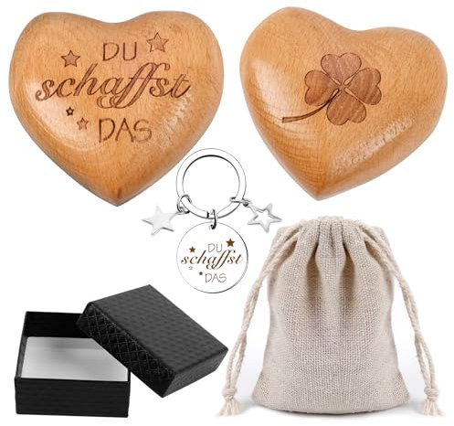 NAEBRO Handschmeichler Herz Holz - Du schaffst das - Herz Gl¨¹cksbringer mit Gl¨¹cksbringer SCHL¨¹sselanh?nger Leinenbeutel und Geschenkbox, Mutmacher Geschenk f¨¹r Familie Freunde und Pr¨¹Fling