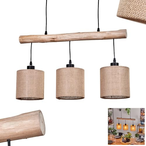 HOFSTEIN Pendelleuchte Soungou, moderne Hängelampe aus Holz/Metall/Leinen in Natur/Schwarz/Beige, 3-flammige Hängeleuchte im skandinavischen Design, Höhe max. 135 cm, E27, Wohnzimmer, Esszimmer, Küche