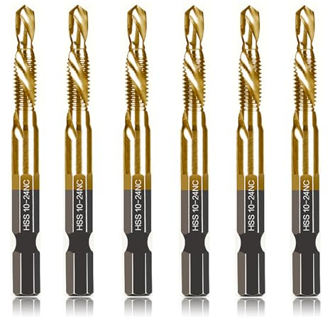 6-pc 10-24NC Combination Drill Tap Bit Set SAE, 10-24NC Thread Size, Titanium Coated High-Speed Steel, Ideal for Drilling Threading and Countersinking in Soft Metal Wood and Plastic, 1/4” Hex Shank
