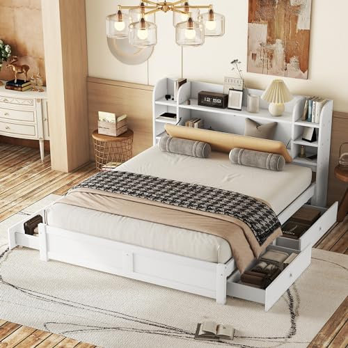 Doppelbett 180x200 cm, Flachbett Holzbett Plattformbett mit 4 Schubladen & Kopfteil mit Staufach, Massivholzbett mit Stauraum und Lattenrost, Jugendbett Stauraumbett Bettgestell, Ohne Matratze, Weiß