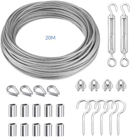 YEYIT 20M Drahtseil Edelstahl Stahlseil Gardinenseil 2mm PVC-Ummantelt | Aluminiumhülsen Alu Klemme 2mm | Drahtseil Kauschen 2 mm | M5 Spannschnall spanner | M2 Drahtseilkauschen | Schraubaugen