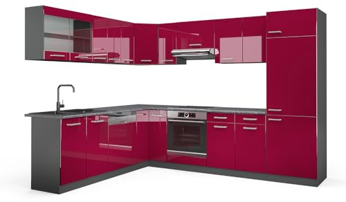 Vicco Eckküche R-Line, Rot Hochglanz/Anthrazit, 287 x 227 cm | 12 Module · Höhenverstellbare Füße · AP Anthrazit inkl. · Robuste Fronten · Mit Kühlschrankumbauschrank