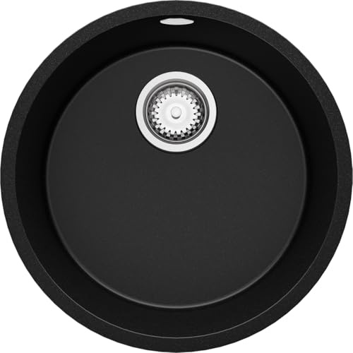 PRIMAGRAN Fregadero Cocina al Mueble 50cm + Kit de desagüe, 46x46cm | Set: Kit de desagüe (sifón, válvula, rebosadero) + La Valeta Slim 1 Seno Granito, Negro