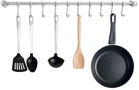 Trintion Hakenleiste Küche Wandbehang Küchenhakenleiste 52cm | Handtücher Edelstahl Töpfe Küchenreling Hängeleiste mit 10 Beweglichen Haken für Küche Bad Wohnzimmer Silber