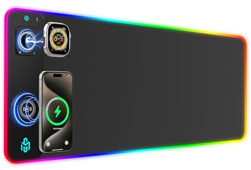 GIM Wireless Charging RGB Gaming Mouse Pad 15W, LED Mouse Mat 800x300x4MM, 10 Light Modes Extra Large Mousepad Non-Slip Rubber Base Computer Keyboard Mat for Gaming (Double Magnetic-Black)