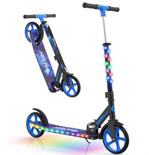 BELEEV V9 Big Wheel Scooter mit LED Leuchtet Lenker & Deck, Roller Kinder 6 Jahre mit Höhenverstellbar, ABEC-9, 200mm Räder, Tragegurt, Faltbare Cityroller Jugendliche & Erwachsene (Starry Blue)
