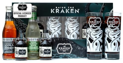 The Kraken Experience, Spiced Rum Gift Set - 2x 5cl Black Spiced Alcohol Miniatures, 2x Kraken Glass and Fever Tree Ginger Beer & Cola 2x 200ml - Cocktail Rum Gifts for Men, Dad, Birthday, Christmas