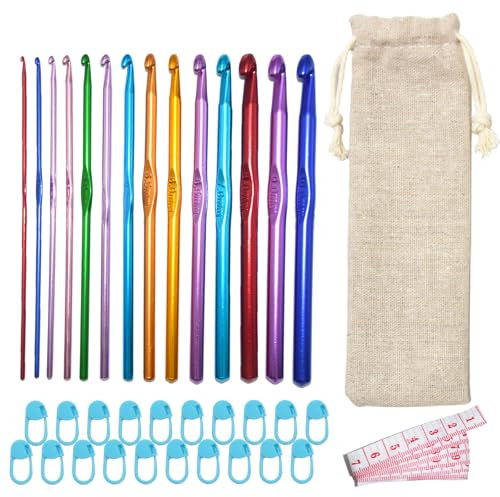 PXBSNB 36 Stück Häkelnadel Set, 14 Größen 2mm-10mm Häkelnadeln, Multicolor Aluminium Stricknadeln mit 20 Markierungsnadel, Ergonomische tunesische häkelnadel für Anfänger Spitzenhandwerk Stricken