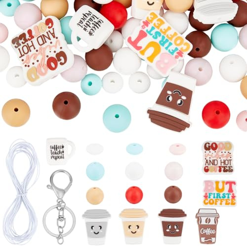 SUNNYCLUE 106 kit de Perles en Silicone pour Café Tasse à Café Perles Focales en Silicone en Vrac Perles Rondes Colorées en Silicone Perles Rondes en Silicone pour Stylos à Perles Fabrication de Porte