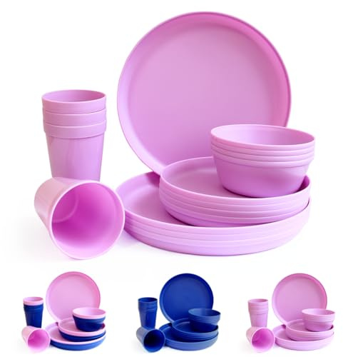 Fingey Kunststoff-Geschirr-Set, 16-teilig, wiederverwendbar, leicht, Teller, Becher, Schüsseln, Geschirr, mikrowellengeeignet, BPA-frei, spülmaschinenfest, Service für 4 Personen (lila)