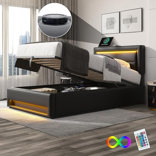 Wyibwy Cama acolchada 90 x 190 cm, cama de almacenamiento hidráulico, cama individual con iluminación LED y USB (carga inalámbrica y por cable), material PU, para niños y adultos, negro