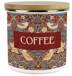 Purely Home Red Strawberry Thief Coffee Storage Canister - Morris Inspired Tapestry Artwork Homeware Gifts - Medium Metal Enamel Kitchen Hot Drinks Storage Container 600ml