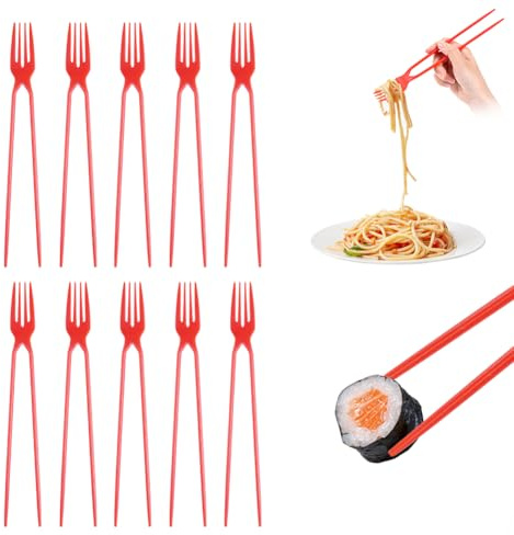 FDKYOEK 10 PCS Chopstick Fork, Plastic Chopsticks Fork Combo, Training Chopstick for Beginners Adults, Disposable Forkchops Chopsticks for Outdoor Camping Picnic, Red