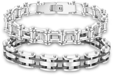 Eigso 2 Pcs Mens Black Silver Biker Chain Link Bracelet Motorcycle Rock Wristbands for Man Locomotive Stainless Bangles
