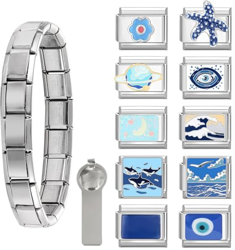 Menore Italian Charm Bracelet, 12PCS Italian Charms Armband Set mit Öffnungswerkzeug und Armband, DIY Abnehmbar 9mm Edelstahl Module für Italienische Armbänder, Geschenk für Frauen Mädchen