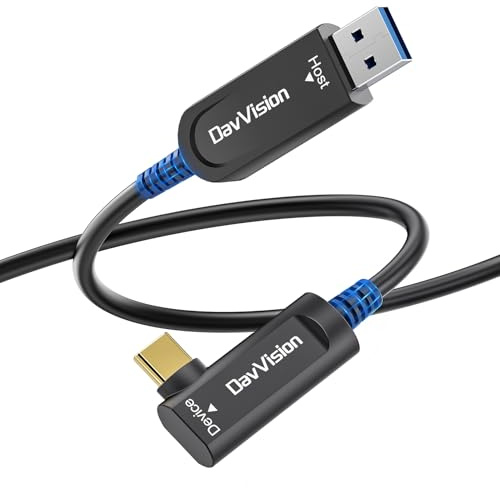 DavVision USB A to USB C Fiber Optic Cable Right Angle 15M, 10Gbps USB 3.2 Gen2 Extension Cable(No Power), Ultra Slim & Long Distance for Business Solution,Logitech 4K Camera,VR/AR,Video Conference
