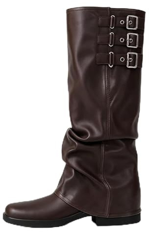 MAVMAX Women Fold Over Knee High Boots Casual Round Toe Coverd Slouched Leather Pull On Wide Calf Chunky Low Heel Platform Boots, Black Short, 7 UK